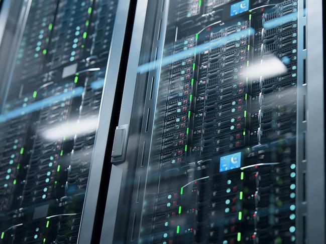 Camera moving in data center along the racks with server equipment, close up view. Seamlessly looped photorealistic 3D render animation.