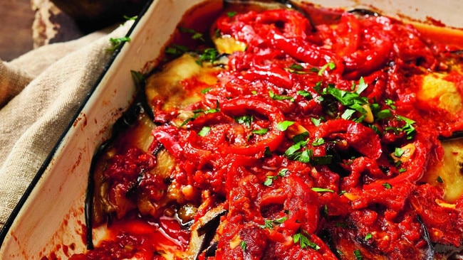 Layered eggplant and tomatoes. Picture: Guy Bailey