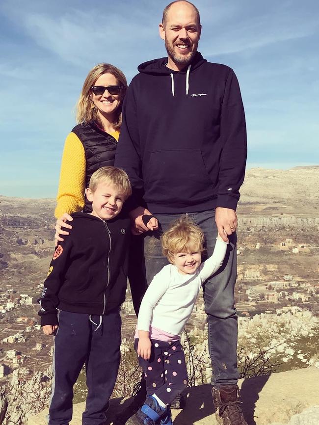 Eliza Harvey, husband Adam and their children in Lebanon.