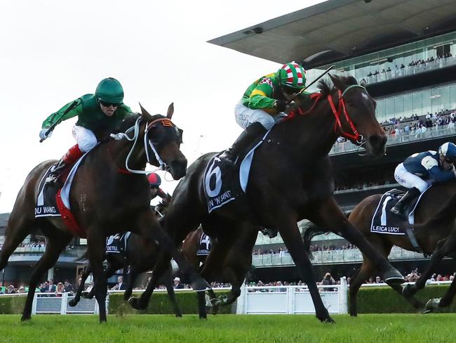 SYDNEY, AUSTRALIA - APRIL 12: Damian Lane riding Treasurethe Moment win Race 6 Asahi Super Dry Australian Oaks during Sydney Racing at Royal Randwick Racecourse on April 12, 2025 in Sydney, Australia. (Photo by Jeremy Ng/Getty Images)