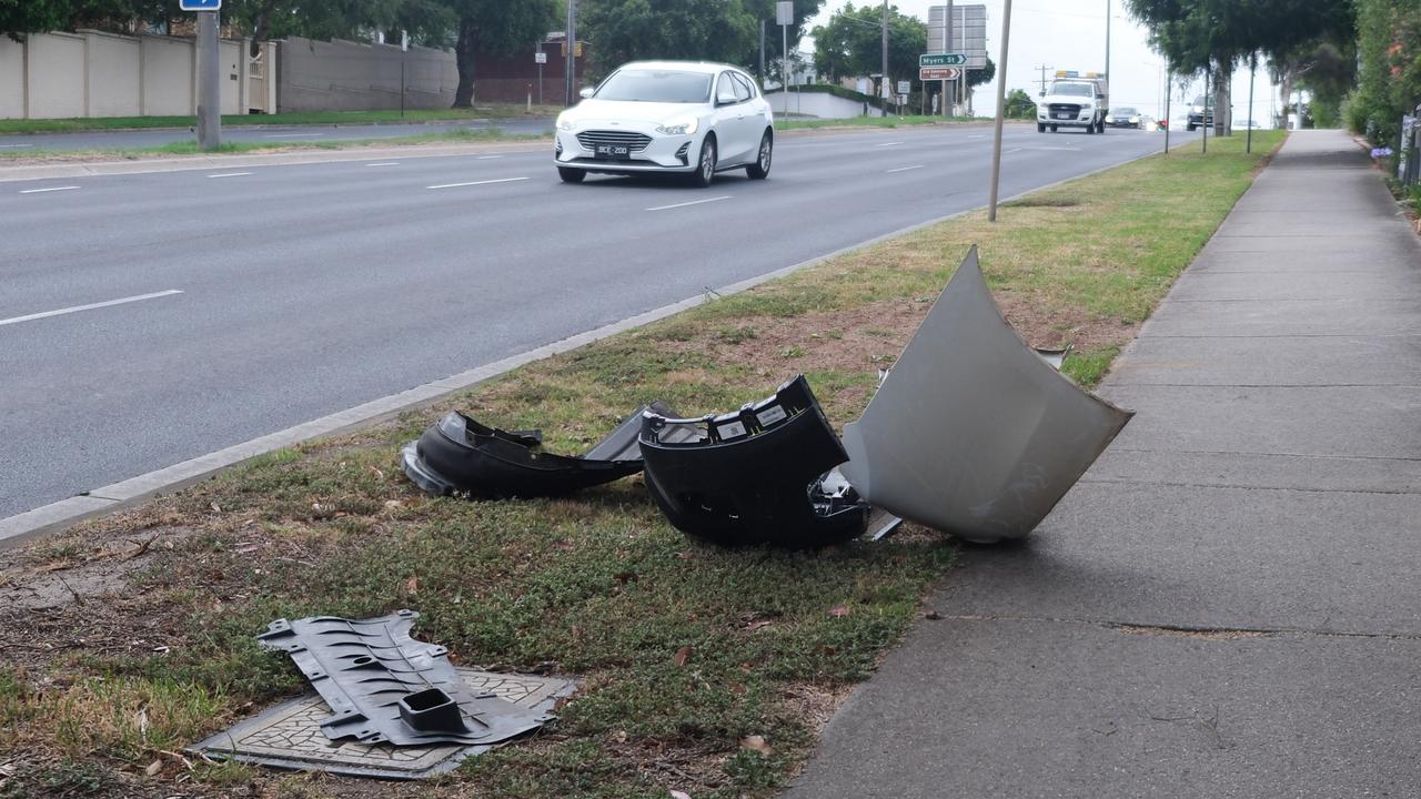 Large crash debris on the side of Latrobe Tce, where it has sat for weeks.