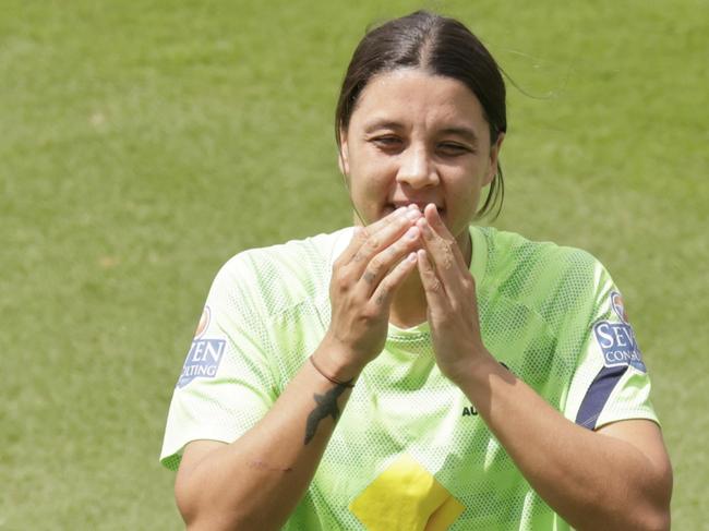 SYDNEY, AUSTRALIA - FEBRUARY 15: Sam Kerr laughs during an Australia Matildas training session at Netstrata Jubilee Stadium on February 15, 2023 in Sydney, Australia. (Photo by Jenny Evans/Getty Images)