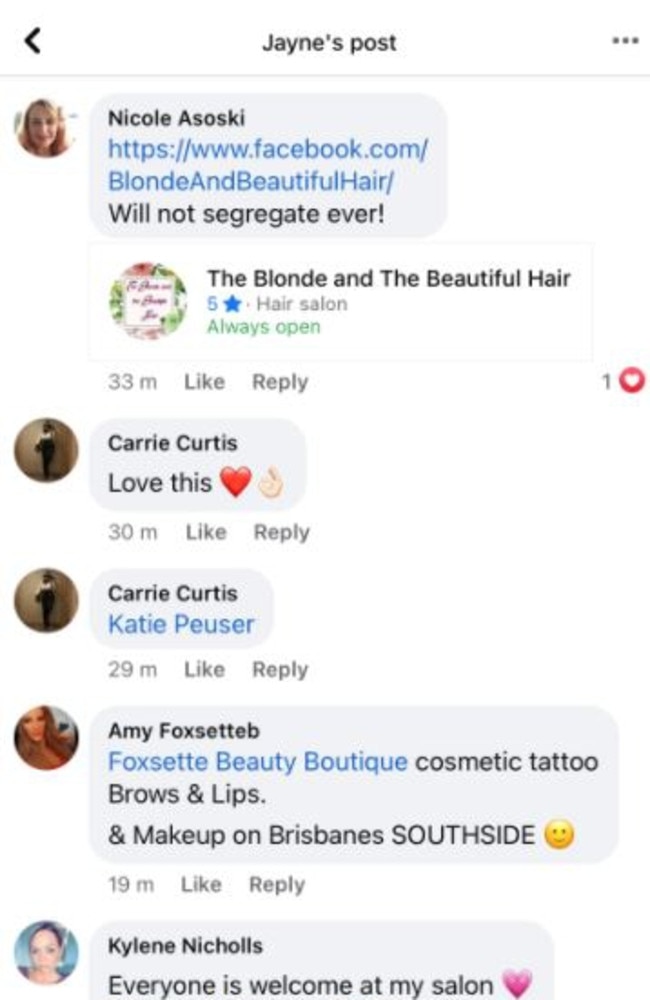 Comments from Gold Coast beauticians on a Facebook group post asking businesses to advertise if they will not be asking for customers' vaccination statuses. Picture: Facebook