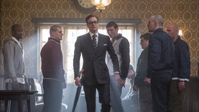 Colin Firth is about to give these pub thugs some face time with the carpet in <i>Kingsman: The Secret Service</i>.