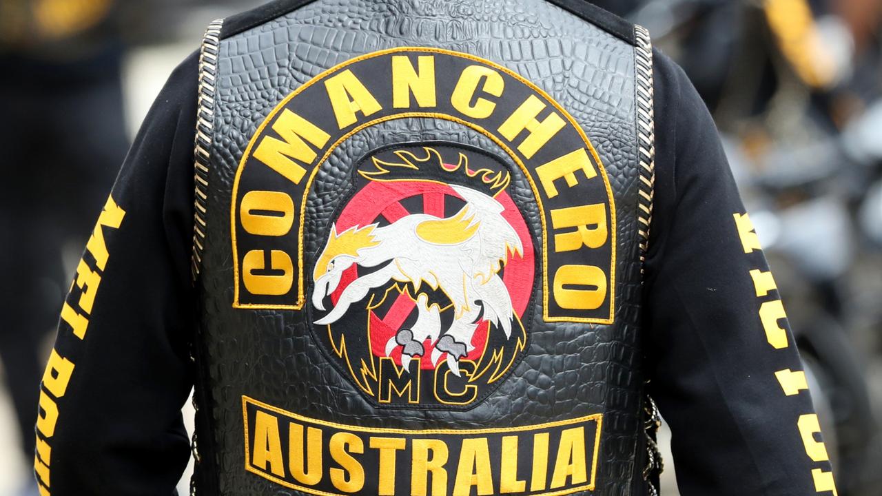 MELBOURNE, AUSTRALIA - NewsWire Photos, JANUARY 29, 2022. Comanchero watched by police leave for their OMCG run between Hallam and Truganina. Saturday, January 29, 2021. Logo, Jacket, Generic. Picture: NCA NewsWire / David Crosling