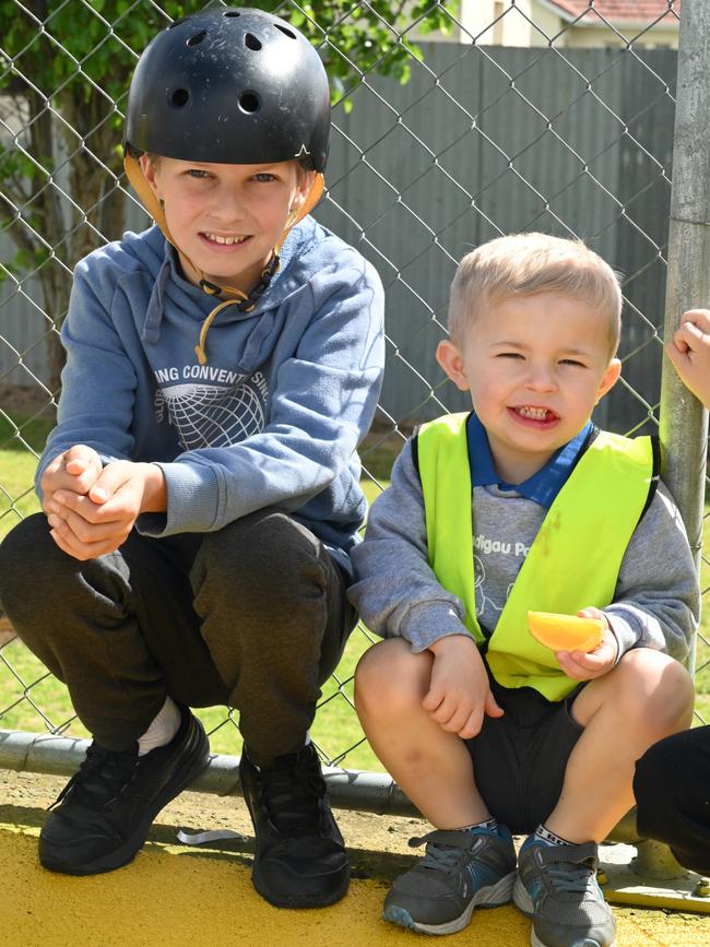 Local kindergarteners Noah and Robbie at the mini streetscape. Picture: City of Mount Gambier