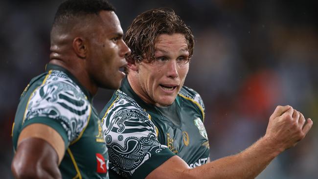 Captain Michael Hooper tries to explain the finer points to Filipo Daugunu during the match. Picture: Mark Kolbe/Getty Images