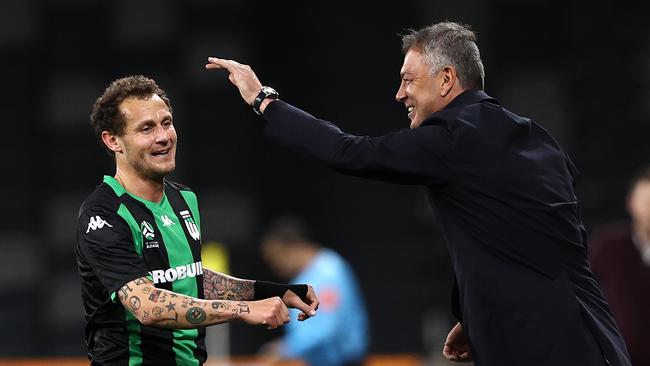Diamanti celebrates with manager Mark Rudan. Picture: Getty