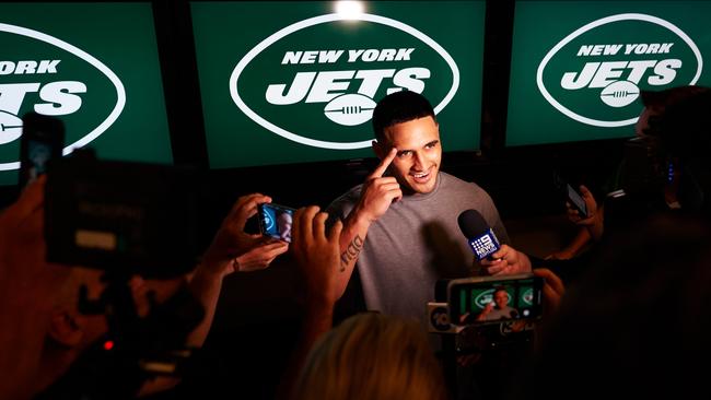 Valentine Holmes addresses the media as a New York Jet in 2019. Picture: James Keivom for News Corp Australia