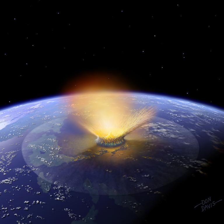 This computer generated simulation shows an asteroid striking the Earth in Mexico's Yucatán peninsula around 150 million years ago. The extinction of the dinosaurs around 66 million years ago can be traced to a collision between two monster rocks in the asteroid belt nearly 100 million years earlier, scientists reported in 2007. Picture: AFP