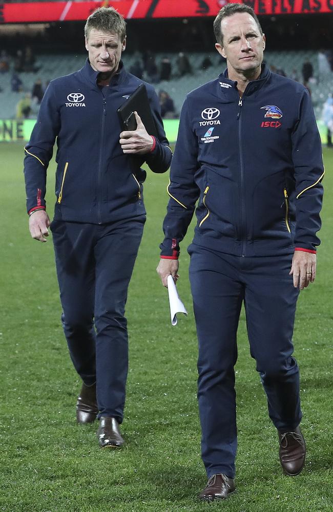 Adelaide coach Don Pyke and football department boss Brett Burton. Picture: Sarah Reed