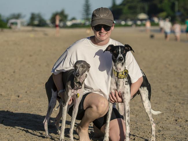 Jessie Hogan with Winston and Luna at Palm Beach off leash area.Picture: Glenn Campbell