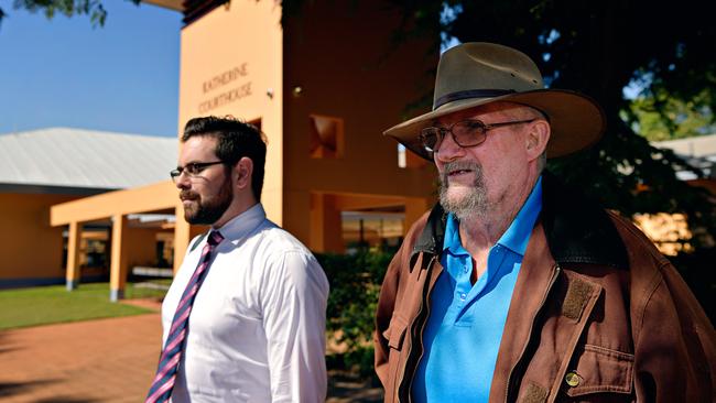 Former gardener Owen Laurie (right) leaves Katherine Local Court after giving evidence at the inquest into Paddy Moriarty’s disappearance. Mr Laurie has denied any wrongdoing.