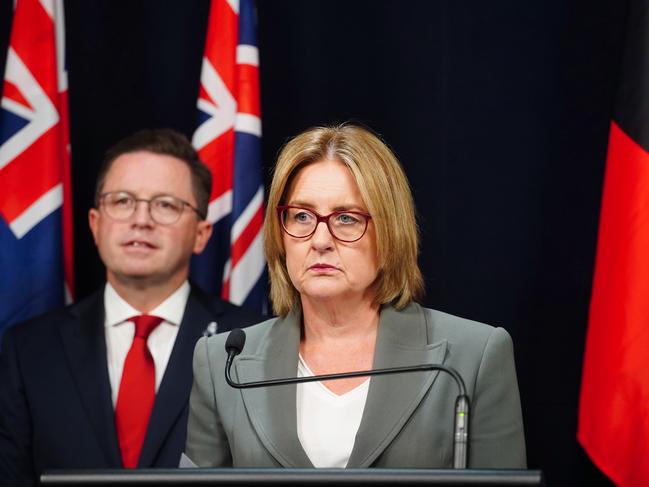 Premier Jacinta Allan and Police Minister Anthony Carbines announce Shane Patton’s resignation. Picture: Luis Enrique Ascui