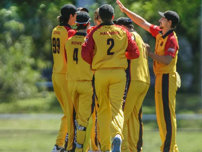 St Kilda players celebrate a Prahran wicket. Picture: Valeriu Campan