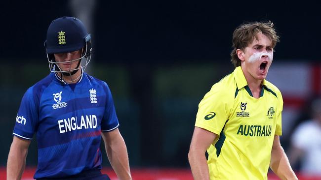 Raf MacMillan took 3-16 against England. (Photo by Matthew Lewis-ICC/ICC via Getty Images)