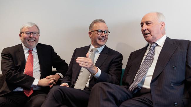 Former Labor PM Kevin Rudd, PM Anthony Albanese and former PM Paul Keating. Keating criticised Albanese for removing Ed Husic and Mark Dreyfus from cabinet, calling the decision unfair and showing ‘poor judgment’.