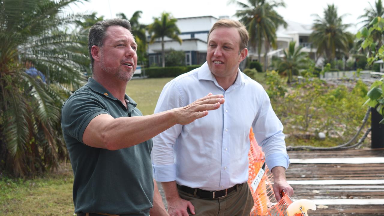 Hinchinbrook MP Nick Dametto and Queensland Premier Steven Miles at the beleaguered Port Hinchinbrook development project in Cardwell on Friday. Picture: Cameron Bates