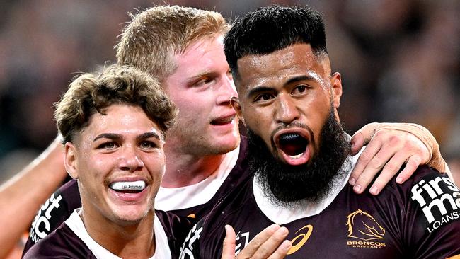 BRISBANE, AUSTRALIA - APRIL 01: Payne Haas of the Broncos celebrates scoring a try during the round five NRL match between Brisbane Broncos and Wests Tigers at Suncorp Stadium on April 01, 2023 in Brisbane, Australia. (Photo by Bradley Kanaris/Getty Images)