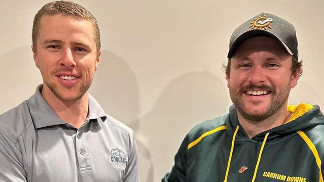 Carrum Downs coach Michael O’Driscoll (left) with recruit Cam Muir (right). Picture: Facebook