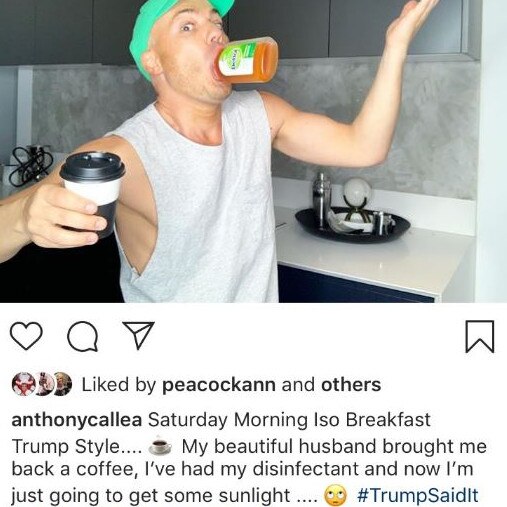 Singer Anthony Callea taking the mickey out of Donald Trump’s health advice. Picture: Instagram