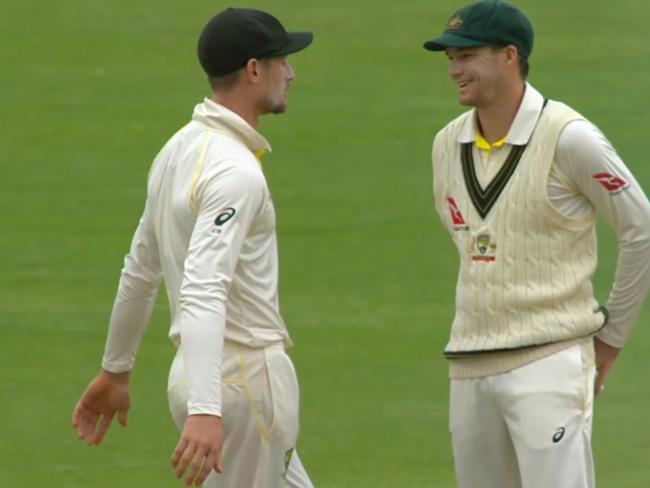 12th man Peter Handscomb has a message delivered to him before entering the field of play to chat with Cameron Bancroft.