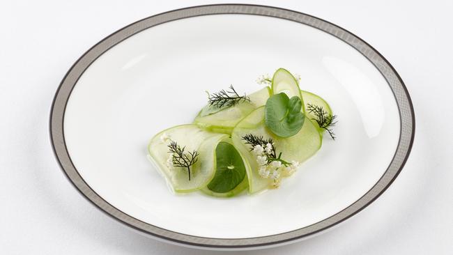 Mud Crab, apple, cucumber from Matt Moran’s menu for Singapore Airlines. Picture: Steve Woodburn