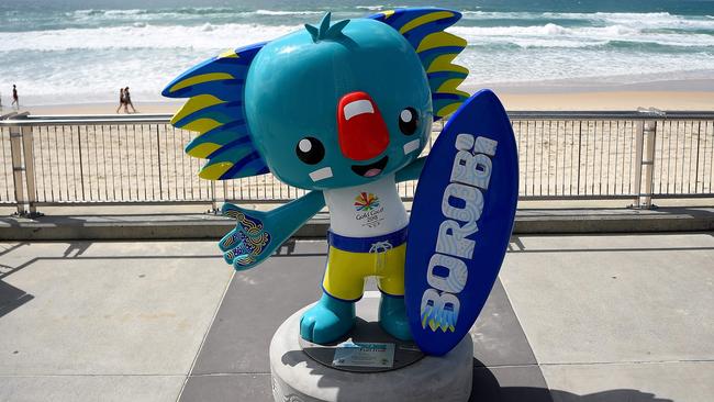 A statue of "Borobi", the official mascot of the 2018 Gold Coast Commonwealth Games, is seen along a beach on the Gold Coast on March 31, 2018.  / AFP PHOTO / Manan VATSYAYANA