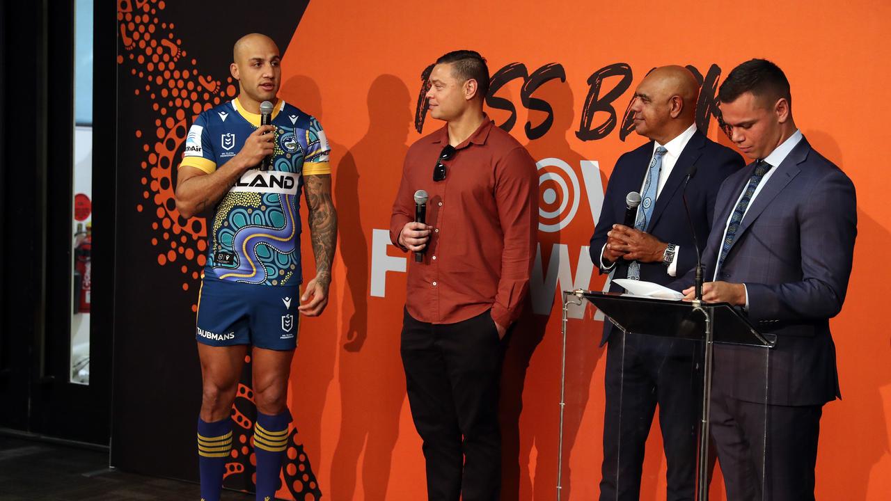 Blake Ferguson, Timana Tahu and Ricky Walford at the NRL indigenous Round Launch in Moore Park. Picture: Tim Hunter.