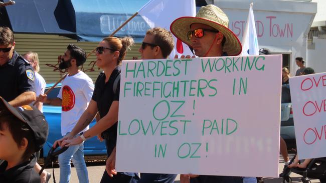 Fireys protested at the Unions NT May Day March in Darwin on May 1, 2023. Picture: Annabel Bowles