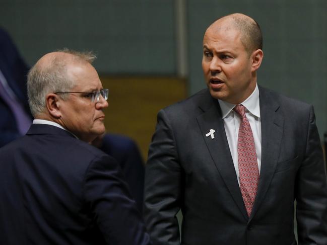 Prime Minister Scott Morrison and Treasurer Josh Frydenberg in Question Time at Parliament House, Canberra. Picture by Sean Davey.