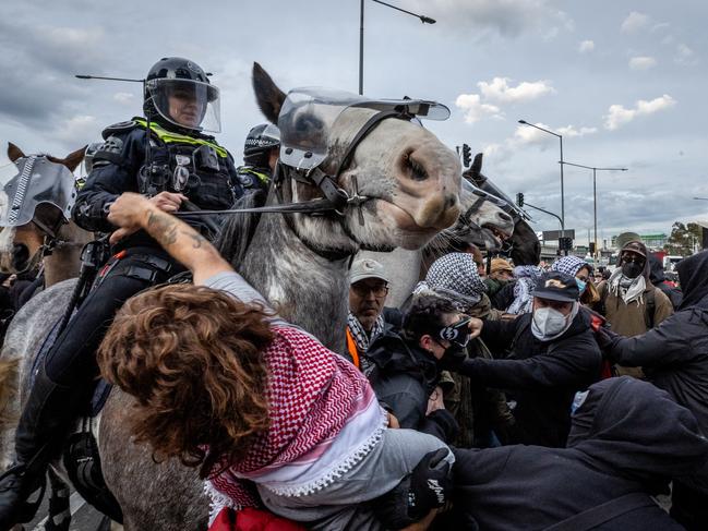 Anti-war activists protest the Land Forces 2024 International Land Defence Exposition at the Melbourne Convention and Exhibition Centre. Police mounted unit charges protesters at South Wharf. Picture: Jake Nowakowski