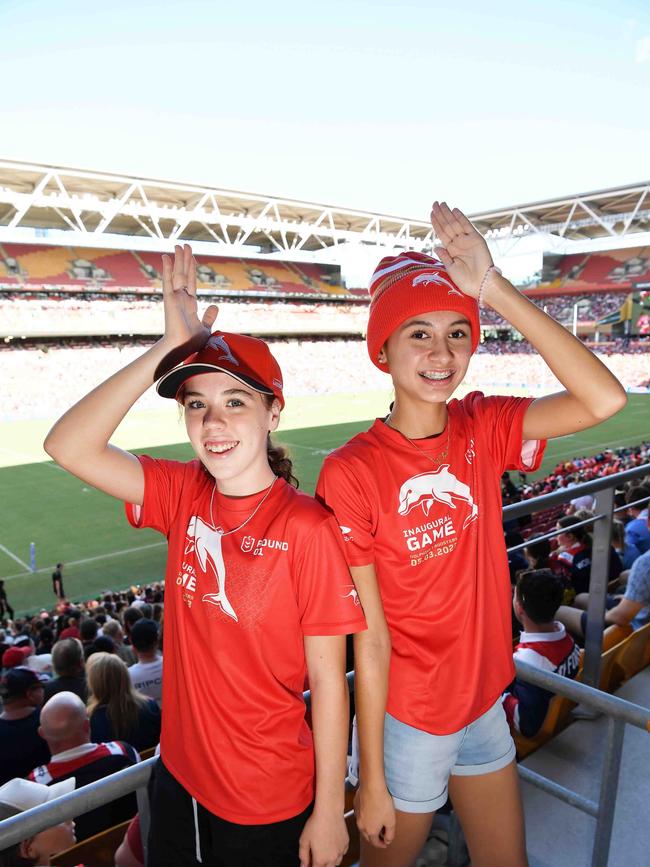 Isla O'Brien and Kobe's Roberts at Roosters V Dolphins, Suncorp Stadium. Picture: Patrick Woods.
