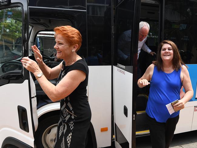 One Nation leader Pauline Hanson has taken the front seat of the party’s “battler bus”, relegating state leader Steve Dickson to the back. Picture: AAP Image/Dave Hunt