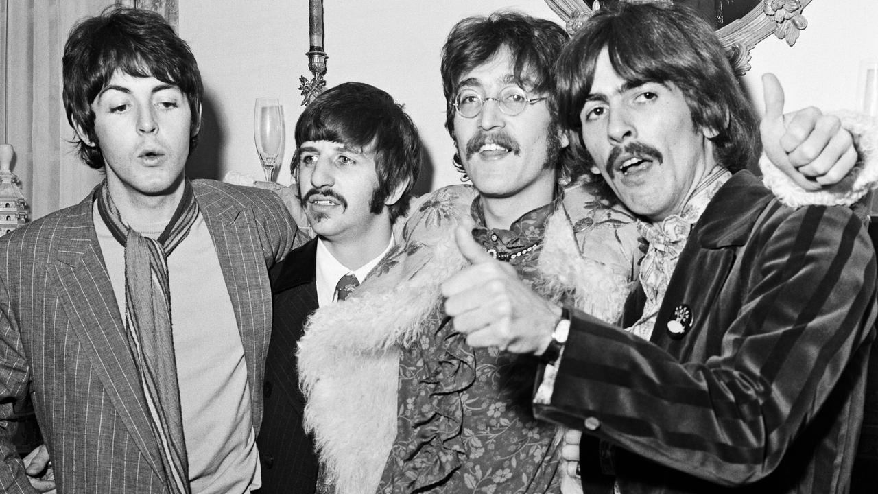 Press launch of "Sgt. Pepper's Lonely Hearts Club Band" at Brian Epstein's house at 24 Chapel St. Belgravia London 19 May 1967.  Beatles left to right: Paul McCartney, Ringo Starr, John Lennon, and George Harrison.