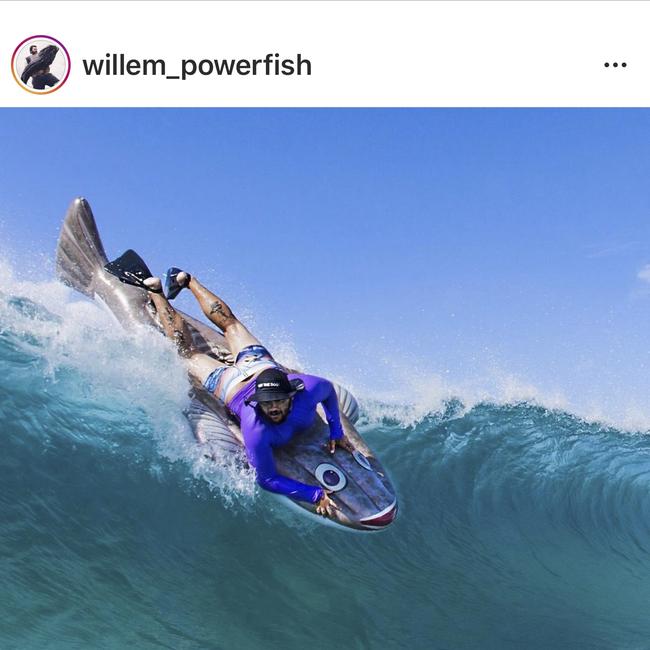 Willem took his 3m inflatable flathead to Snapper Rocks to catch some waves. Picture: INSTAGRAM.