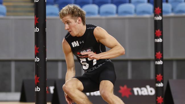 Dylan Stephens completes the agility test during the 2019 AFL Draft Combine at Margaret Court Arena. Picture: Dylan Burns/AFL Photos