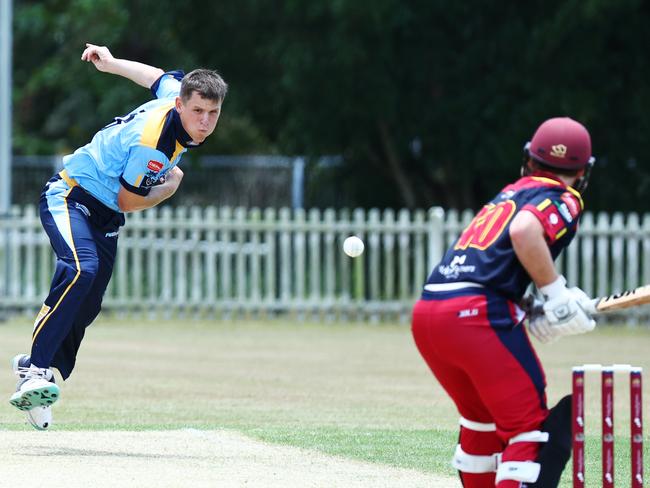 Seth McGinty puts some heat on the ball in the Queensland Country Cricket Bulls Masters match between the Far North Fusion and the Sunshine Coast, held at Walker Road sporting fields, Edmonton. Picture: Brendan Radke