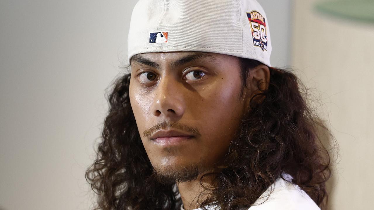 DAILY TELEGRAPH 3RD JANUARY 2024Pictured at the Novotel at Darling Park in Sydney is Penrith Panthers player Jarome Luai and his father Martin Luai (foreground) at a press conference to confirm that from 2025 he will join the Wests Tigers.Picture: Richard Dobson