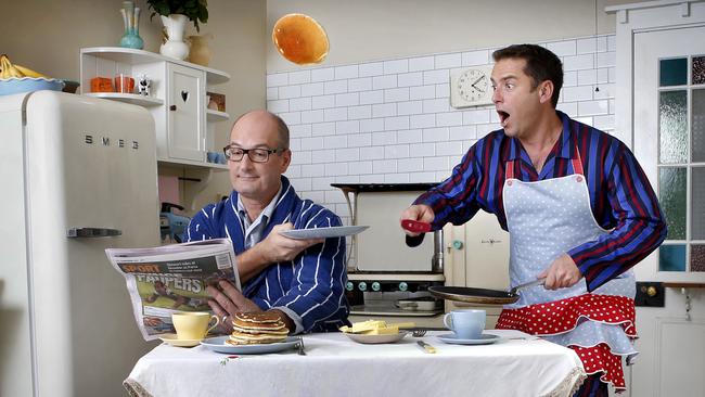 The TV breakfast show rivals hammed it up as the ultimate odd couple sharing an early morning pancake as part of a Herald Sun special on Small Screen Legends. Picture: David Caird.