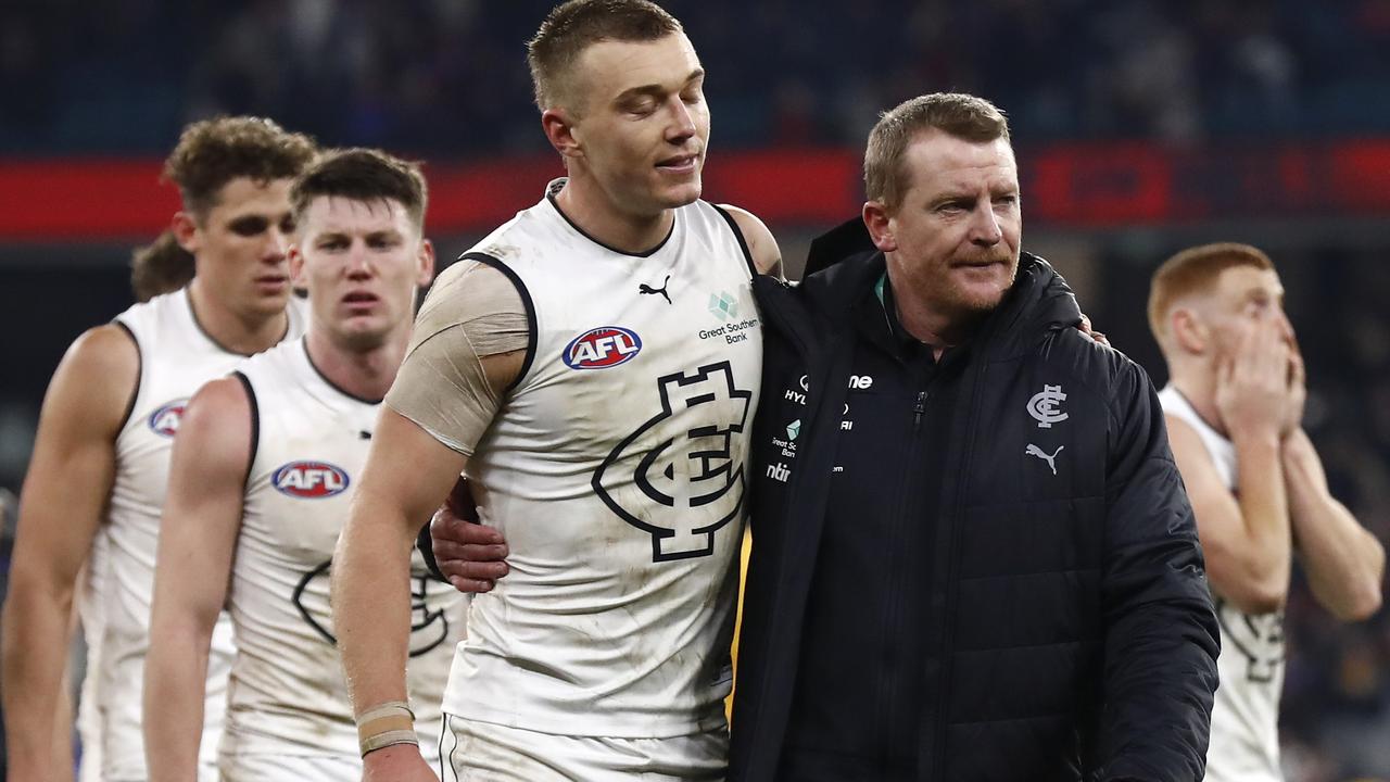 Patrick Cripps and Michael Voss embrace after last week’s loss to Melbourne. Picture: Darrian Traynor/Getty Images