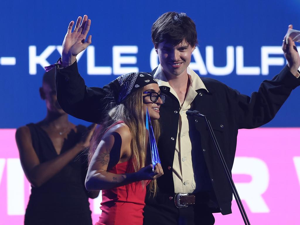 G Flip and Kyle Caulfield accept the Best Video ARIA. Picture: Getty Images