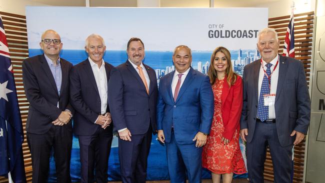 Council CEO Tim Baker, Experience Gold Coast CEO John Warn, New Environment and Tourism Minister Andrew Powell, Mayor of the Gold Coast Tom Tate, Patricia O’Callaghan and Paul Donovan. Picture: Nigel Hallett