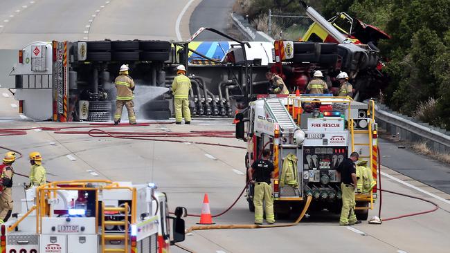 The petrol tanker closed all lanes of the M1 for several hours on Saturday. Picture: AAP Image/Richard Gosling