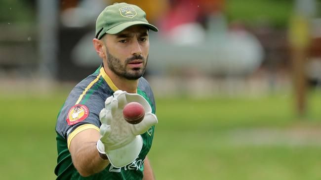 Anthony Sams of Randwick Petersham warms up prior to the round 3 of the NSW Premier Grade cricket match between Randwick Petersham and Northern Districts at Petersham Oval on October 22, 2022 in Petersham. (Photo by Jeremy Ng/Newscorp Australia)