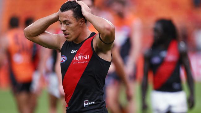 Essendon's Dylan Shiel shows his disappointment after Essendon’s loss to GWS Giants. Picture. Phil Hillyard