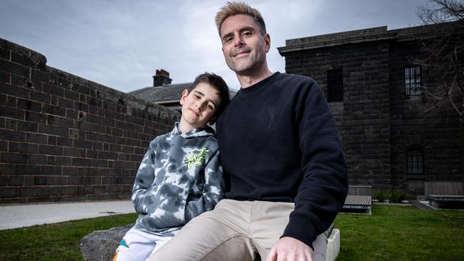 Evan Groves, aged 37 and pictured with son Jensen, has been on the waitlist for what will be his third kidney transplant after his latest one stopped working in March. Picture: Jake Nowakowski