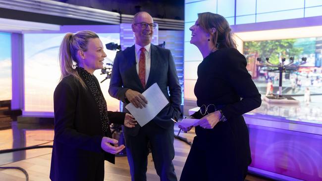 Sarah Stinson, director of morning television at Seven, with hosts David Koch and Natalie Barr. She says she plays ‘each day like I’ve lost the day before’. Picture: Nikki Short