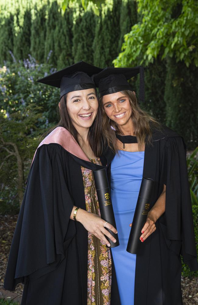 Bachelor of Education graduates Shauna Fisher (left) and Allie Hicks at a UniSQ graduation ceremony at The Empire, Tuesday, October 29, 2024. Picture: Kevin Farmer