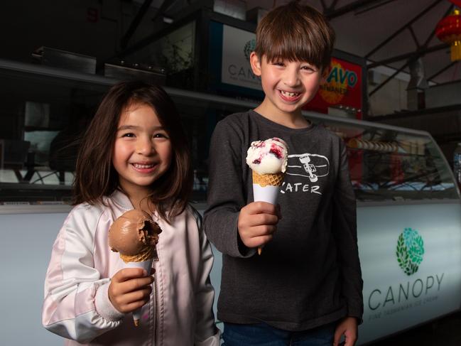 Canopy won the award for the best sweet treat or dessert with their Tongola Goats curd and Blackberry ice cream. Stallholders children Amy Brozek, aged 4, and Ethan Brozek, aged 7 with Dark Chocolate and Goats Curd and Blackberry Ice cream.Picture: Linda Higginson